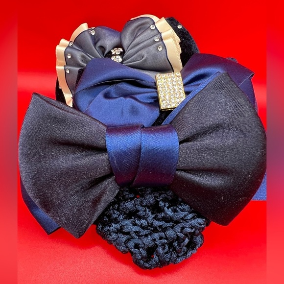 3 piece Satin Hair Bow with Crystal Embellishment & Hair Snood - Picture 4 of 8